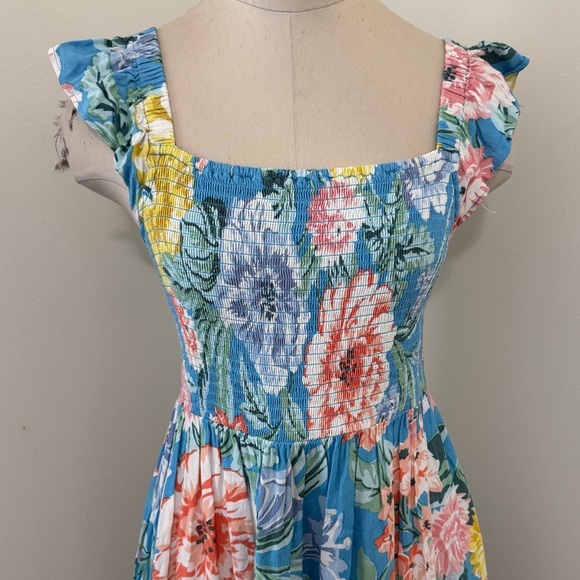 Loft Small Blue Floral Garden Smocked Ruffle Midi DRESS Smocked Tropical Spring - Picture 3 of 8